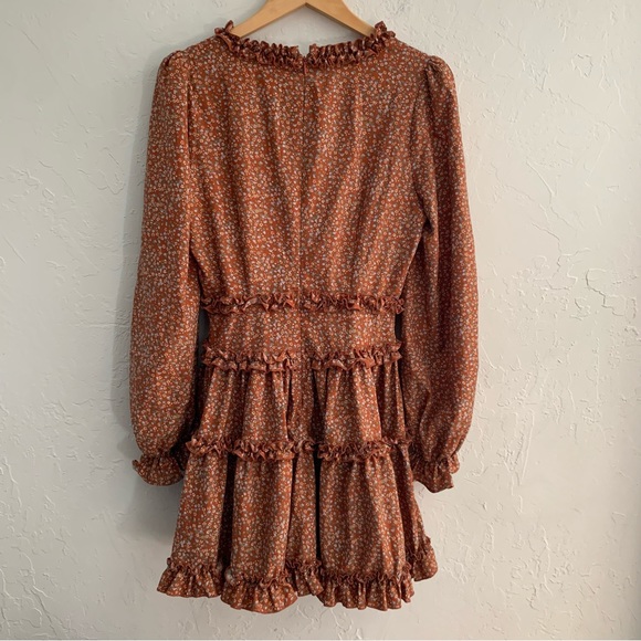 Lulu’s Admire You Orange Brown Floral Print Ruffled Long Sleeve Mini Dress M - Picture 8 of 10